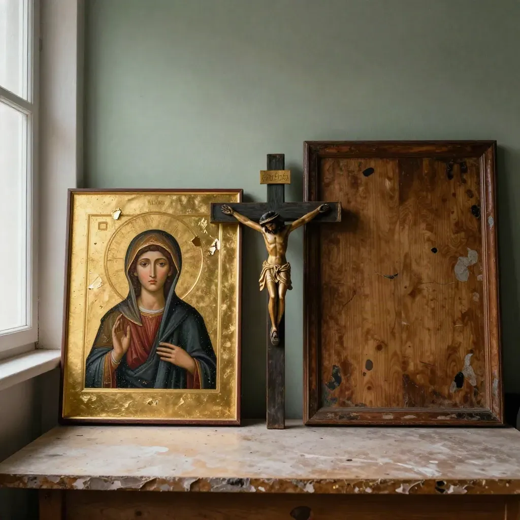 Icona mariana, crocifisso e pala lignea restaurata in un atelier sacro illuminato dall’alba.