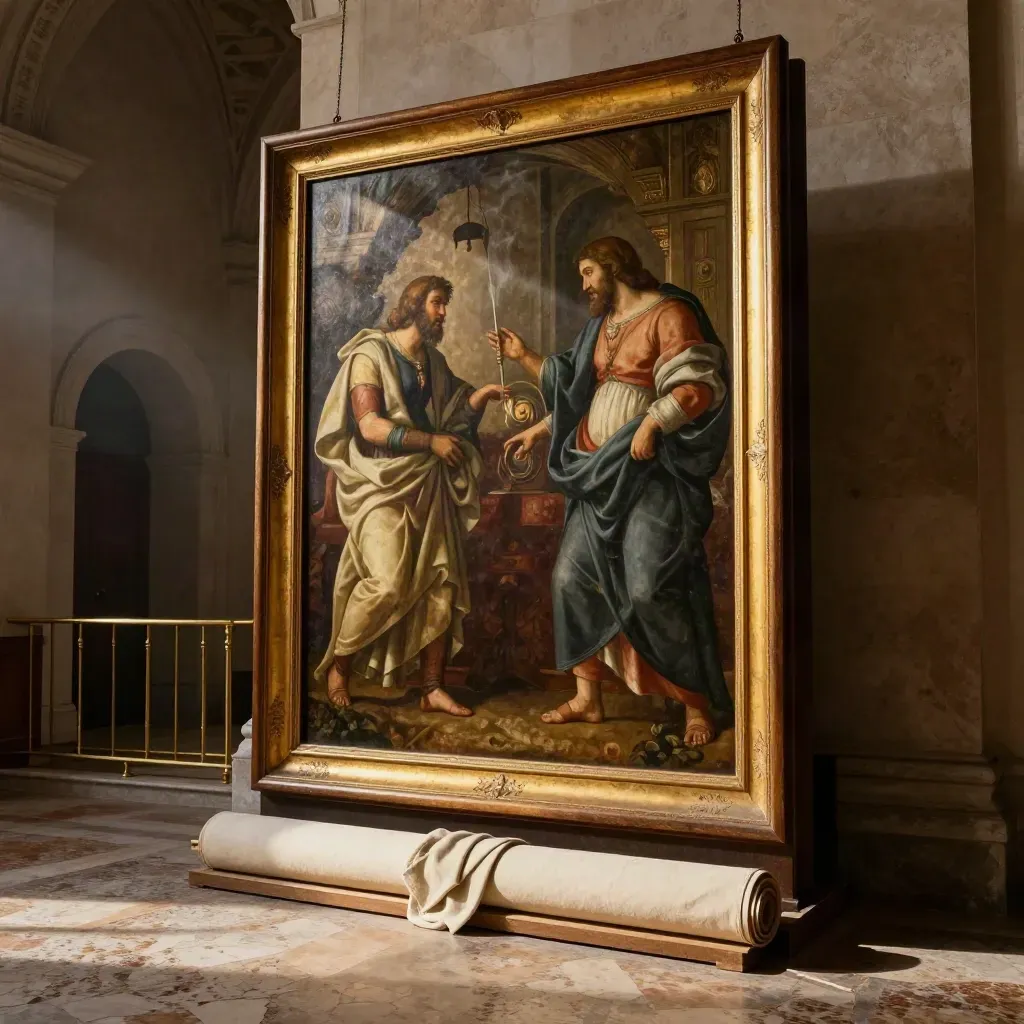 Pala d’altare in cappella laterale con cornice intagliata e telo arrotolato ai piedi