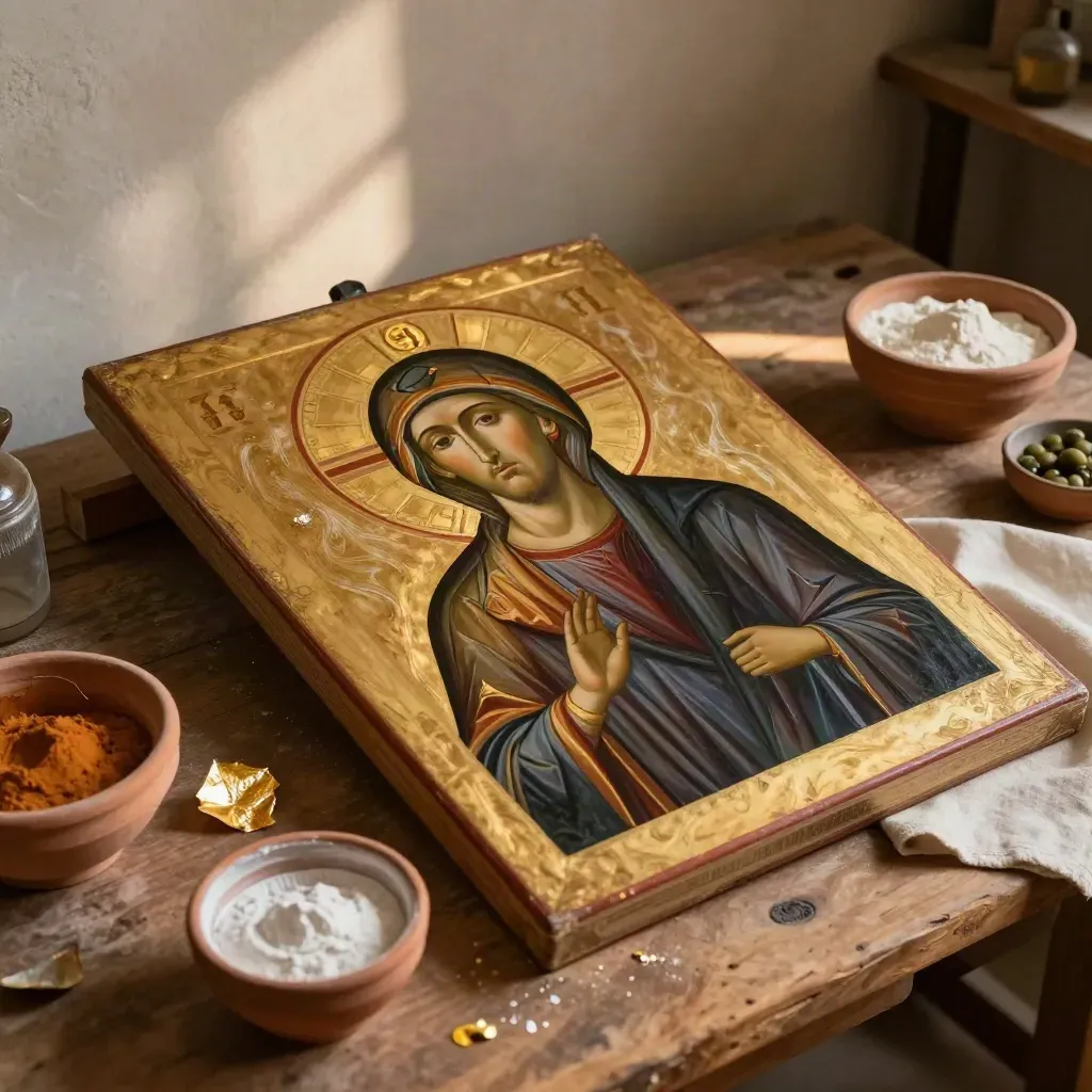 Icona di Cristo Pantocratore su tavola dorata con ciotole di pigmenti e fogli d’oro.