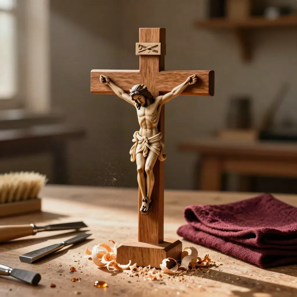 Crocifisso in noce scolpito su banco di falegnameria con trucioli e scalpelli, luce calda radente.