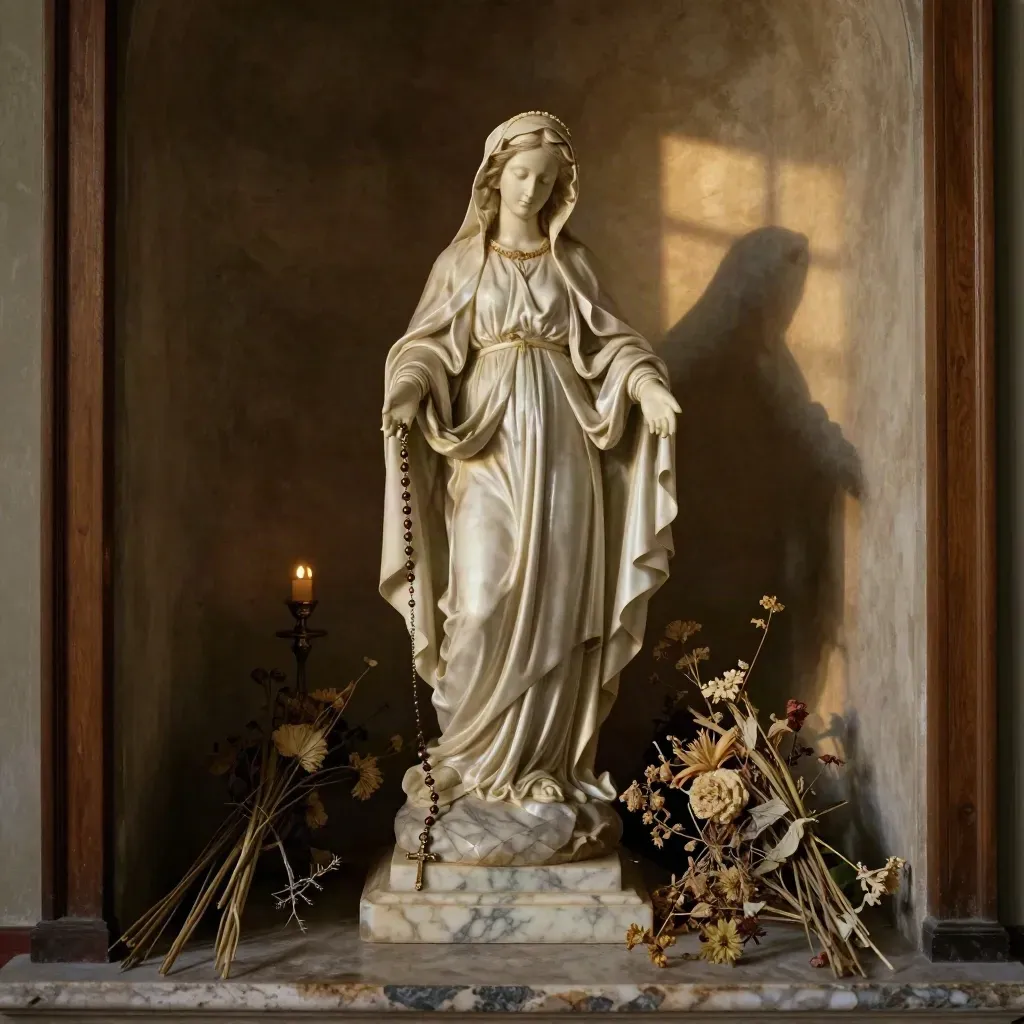 Statua della Madonna in gesso con rosario e fiori secchi in una nicchia silenziosa.