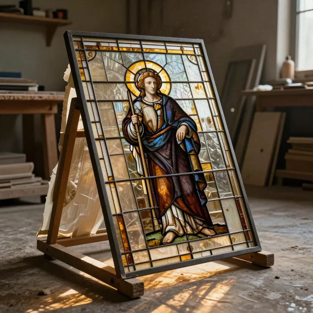 Vetrata di San Giovanni con riflessi oro antico su pavimento di bottega.