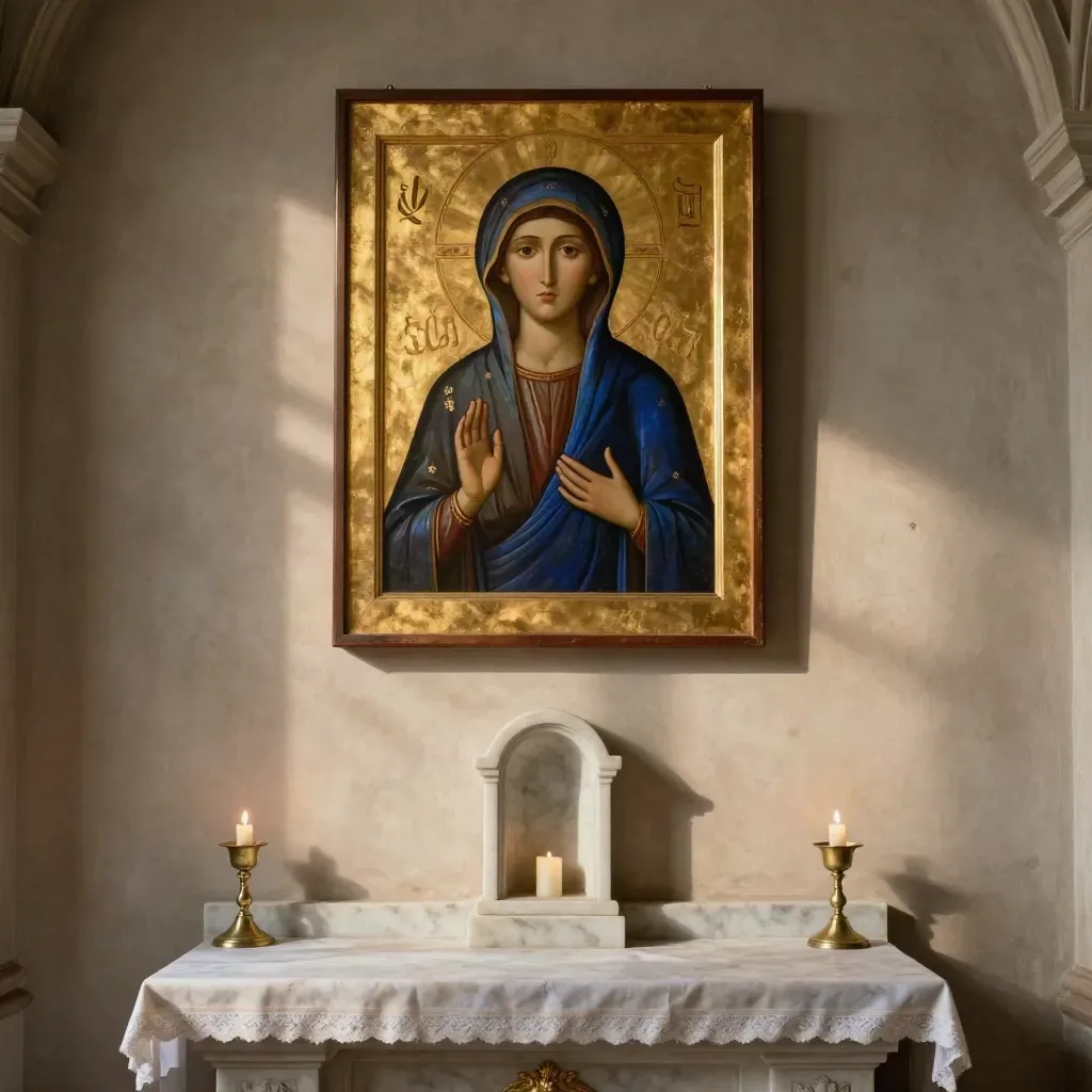 Icona mariana dorata in cappella privata con altare in marmo e candele spente.