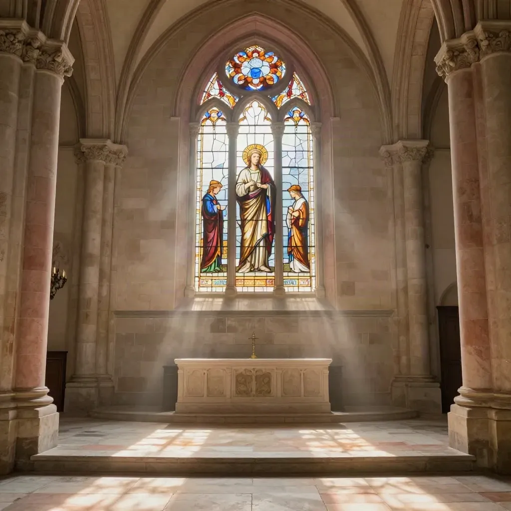 Vetrata di San Francesco nell’abside, luce diffusa e pietra rosata in una chiesa silenziosa.