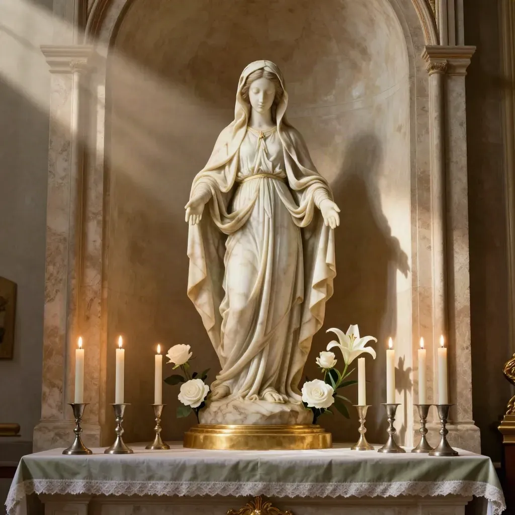 Statua della Madonna su base dorata nel presbiterio, con fiori bianchi e candele spente.