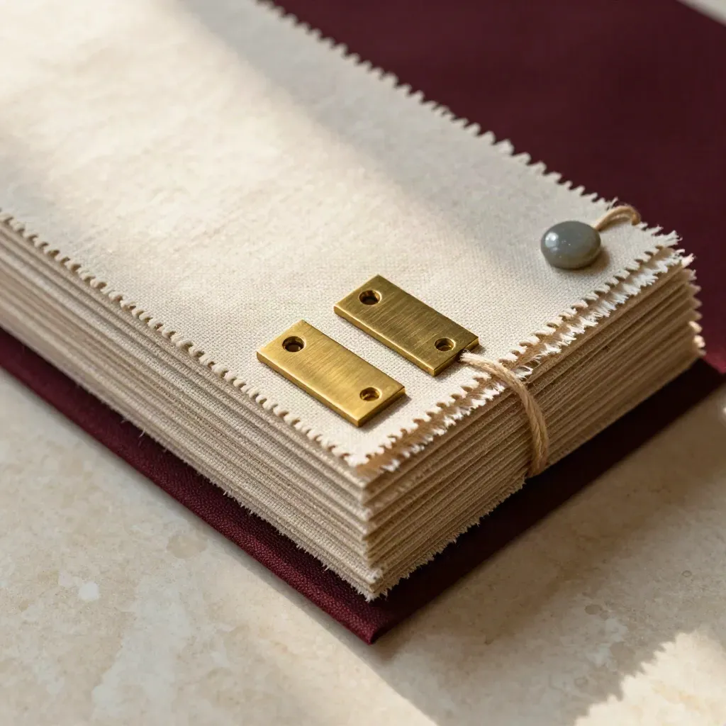 Cartoncini campione in lino con etichette in ottone e filo cerato su travertino.