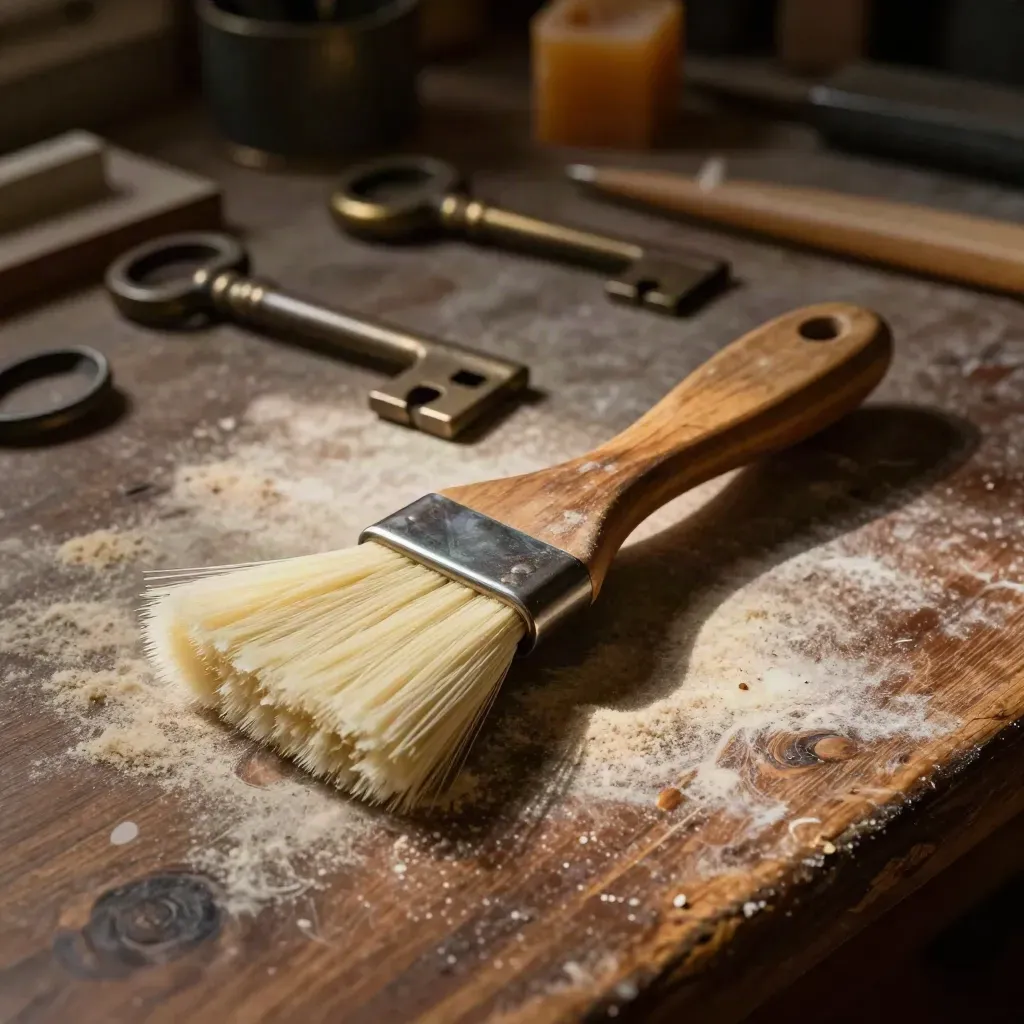 Utensili da restauro su banco di noce con cera d’api e polvere fine