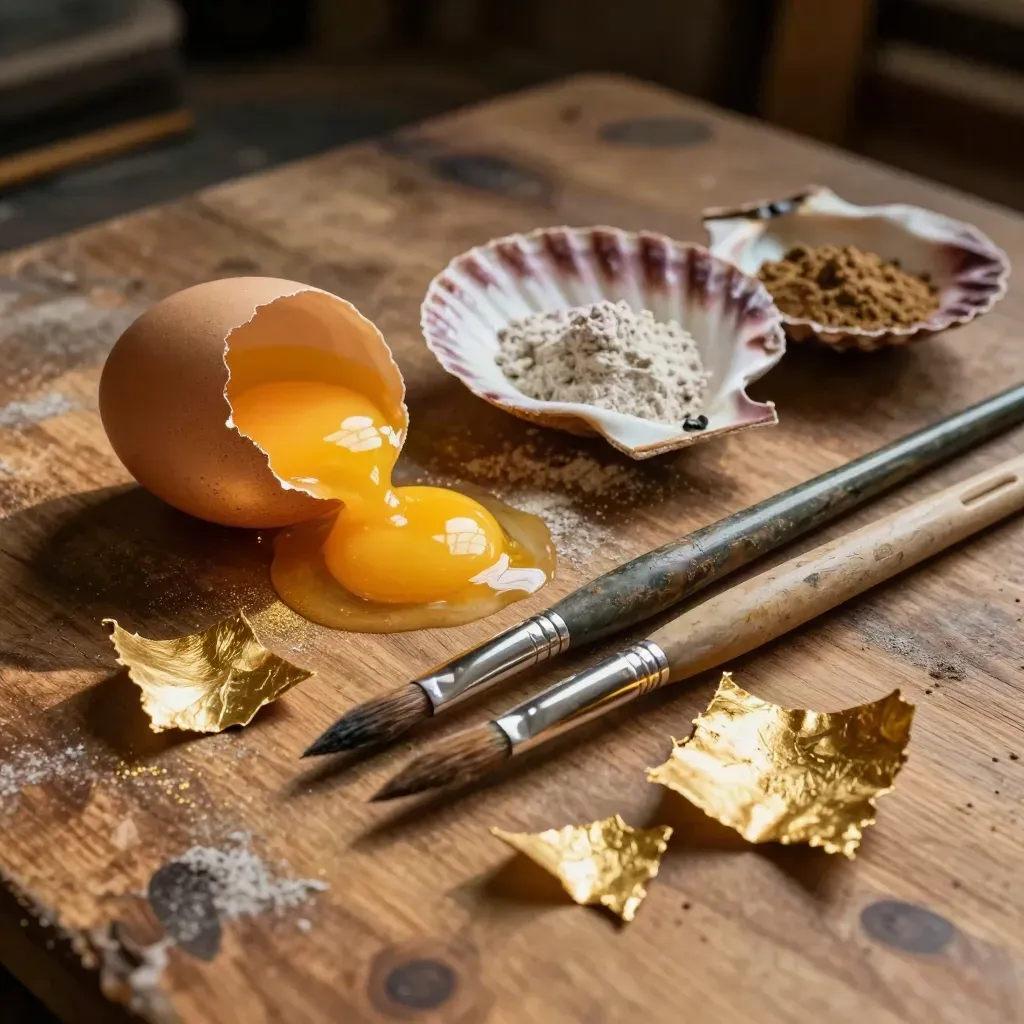 Uovo di tempera, pigmenti in conchiglie, pennelli e foglia oro su banco da iconografa.