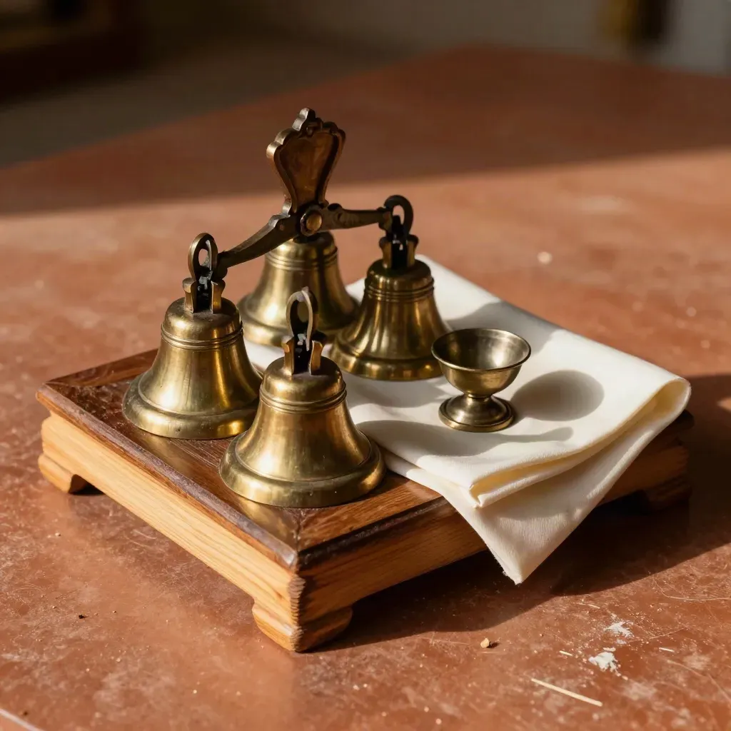 Modello di altare con campane liturgiche, stoffa piegata e turibolo su superficie rustica.