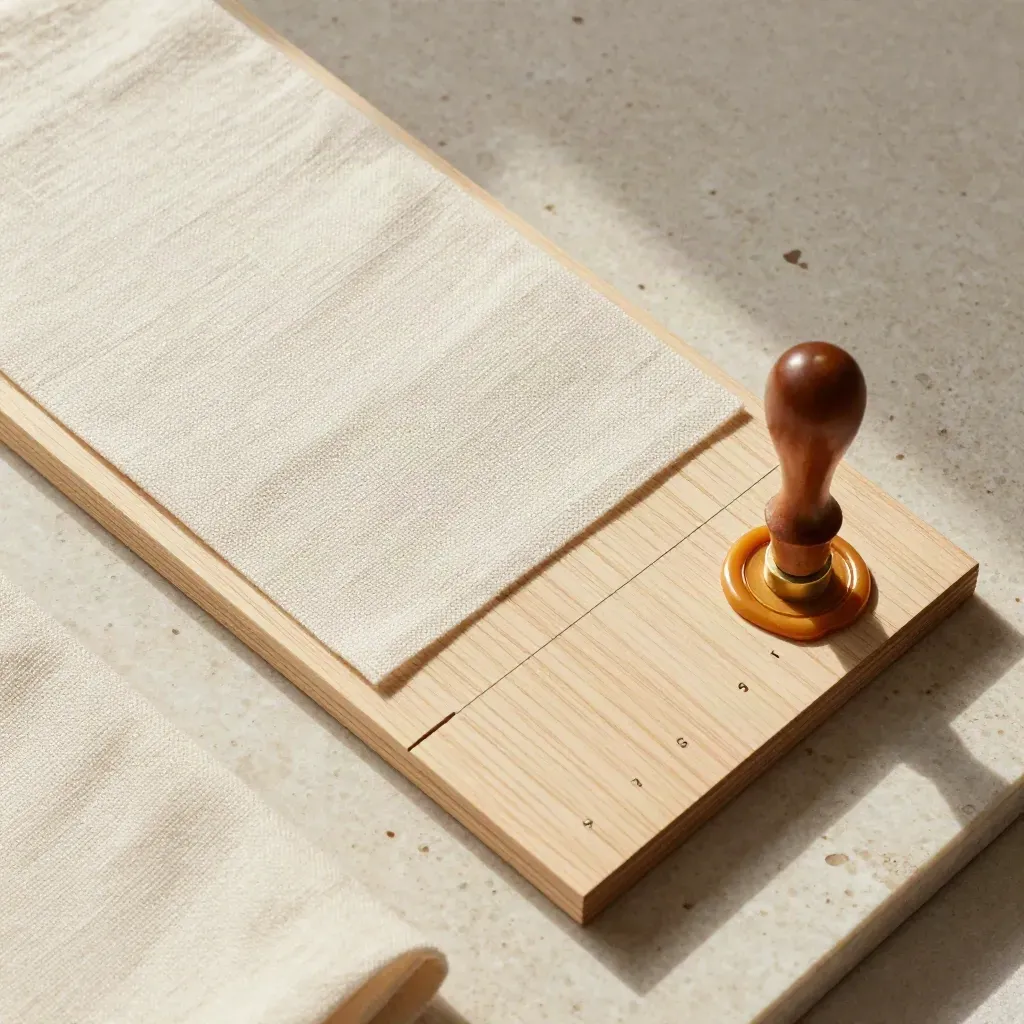 Custodia in lino, campione di legno e sigillo di ceralacca su pietra chiara.