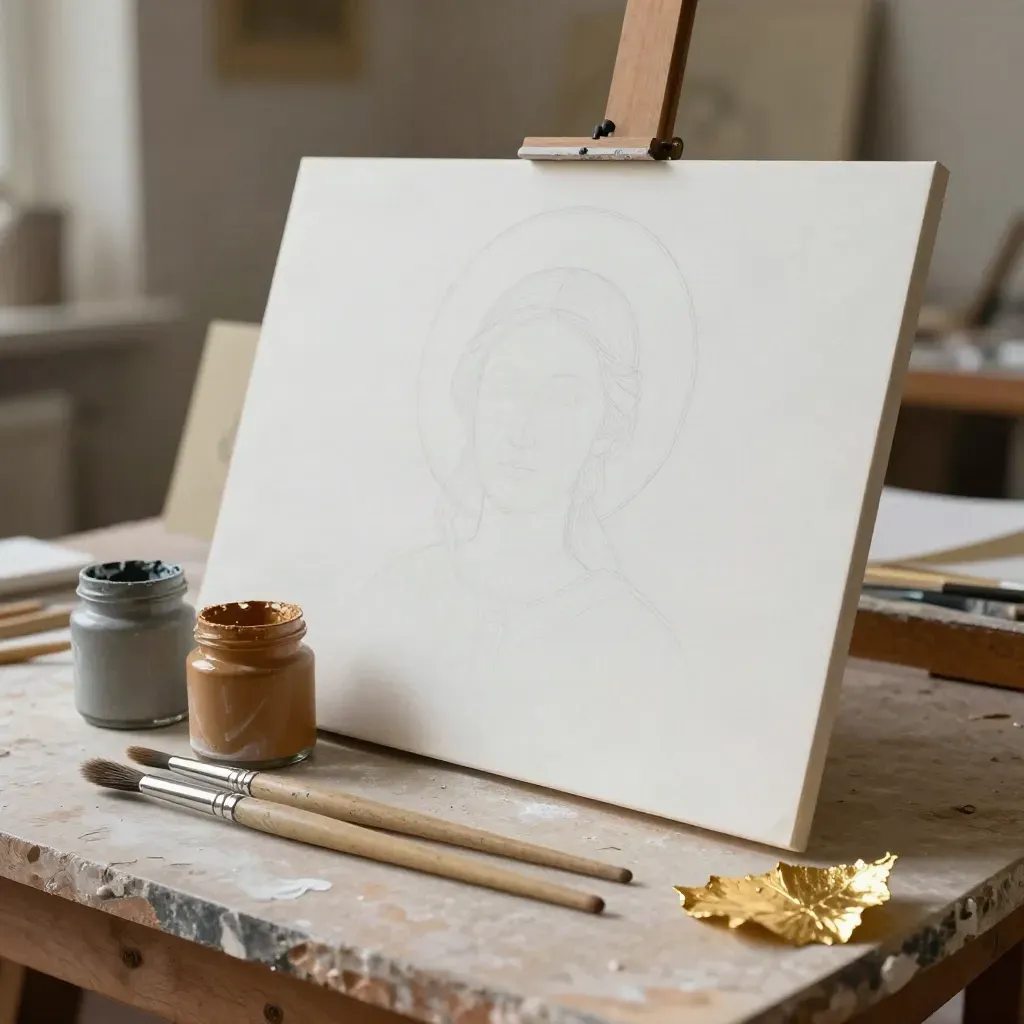 Tavola in gesso con aureola tracciata, pigmenti, pennelli e foglia oro su banco di bottega