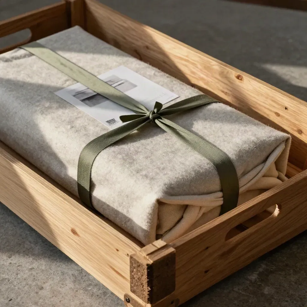 Cassa di legno con opera avvolta, protezioni in lana e feltro su superficie di pietra.