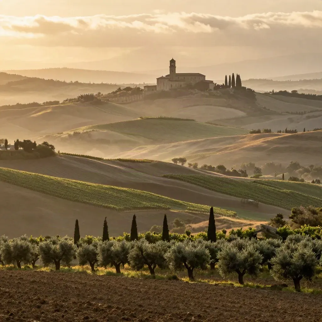 Colline toscane all’alba con cipressi e abbazia lontana nella foschia