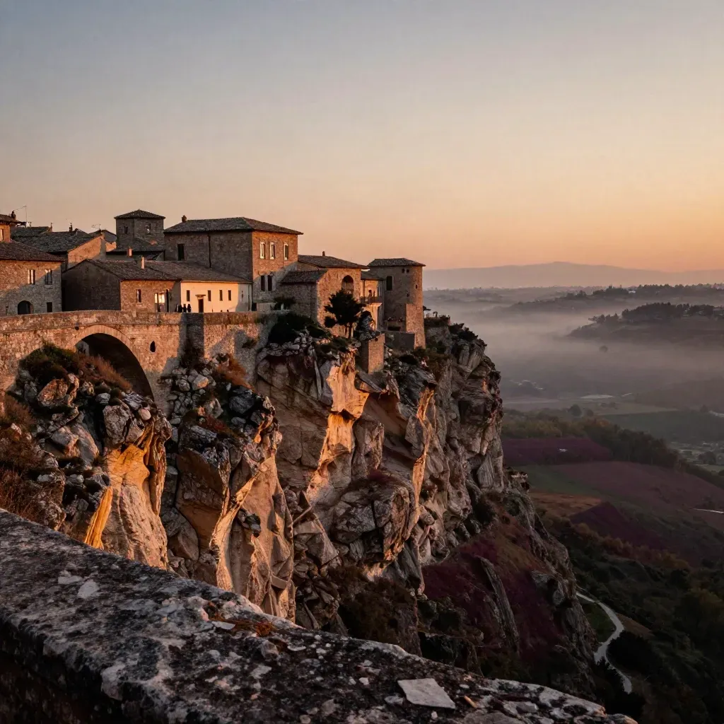 Civita di Bagnoregio al tramonto, sperone di tufo e valle avvolta nella bruma
