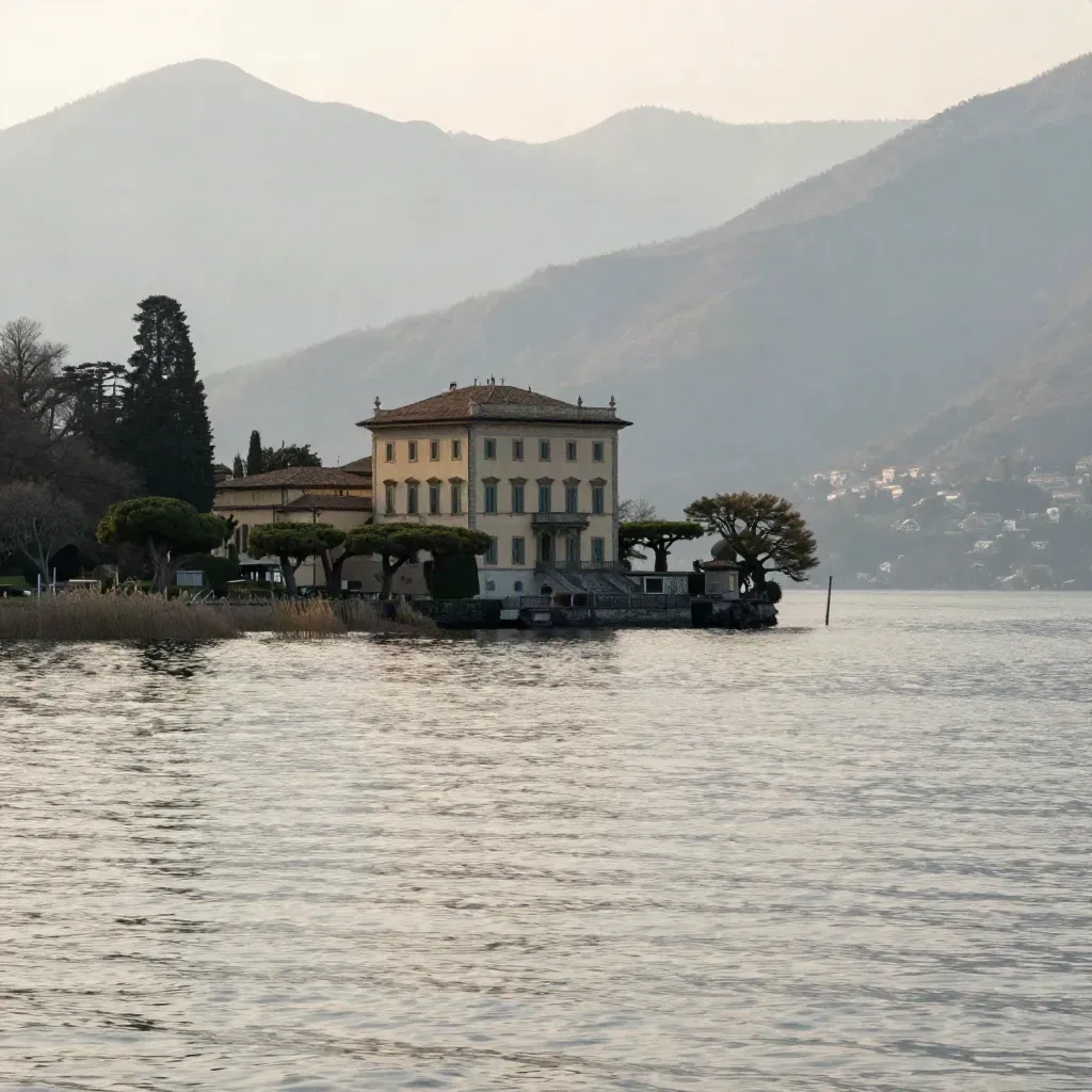 Lago di Como al mattino, villa storica alta e montagne lontane velate di foschia.