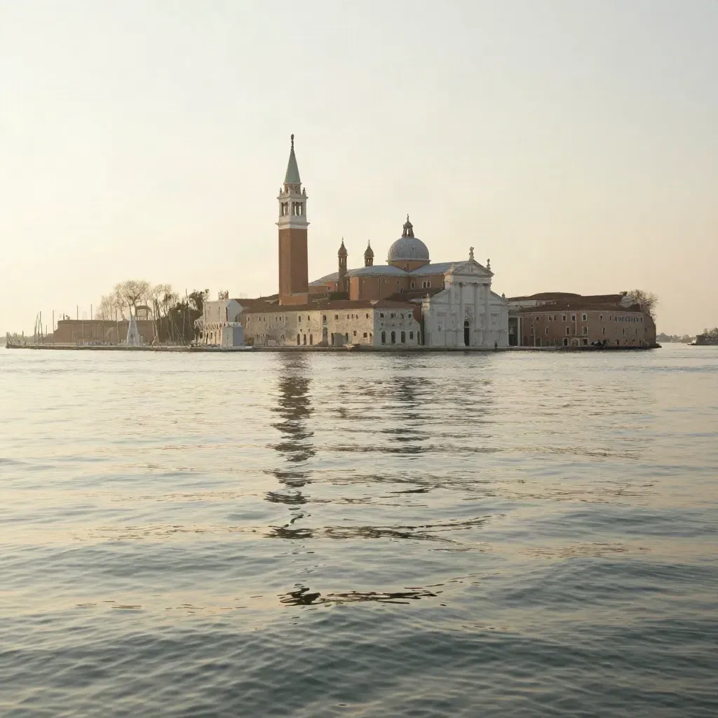 Laguna di Venezia al tramonto con San Giorgio Maggiore e un campanile lontano sull’acqua quieta